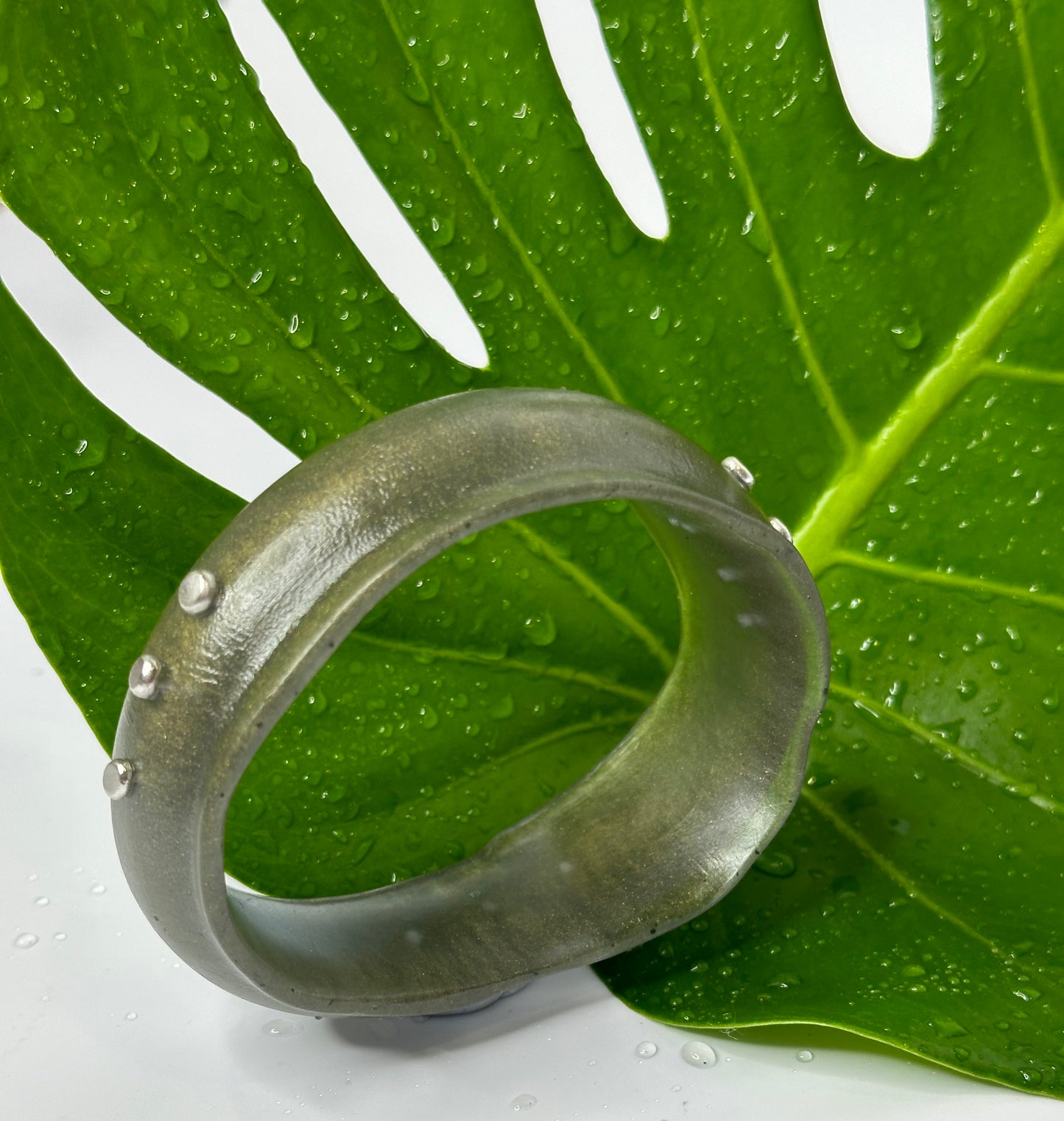 Moss Green Resin & silver wide bangle