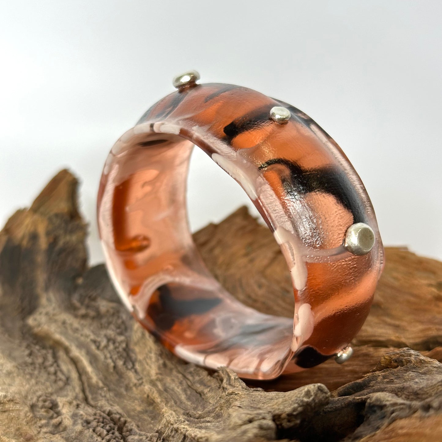 Brown/black/white swirl Resin & silver wide bangle