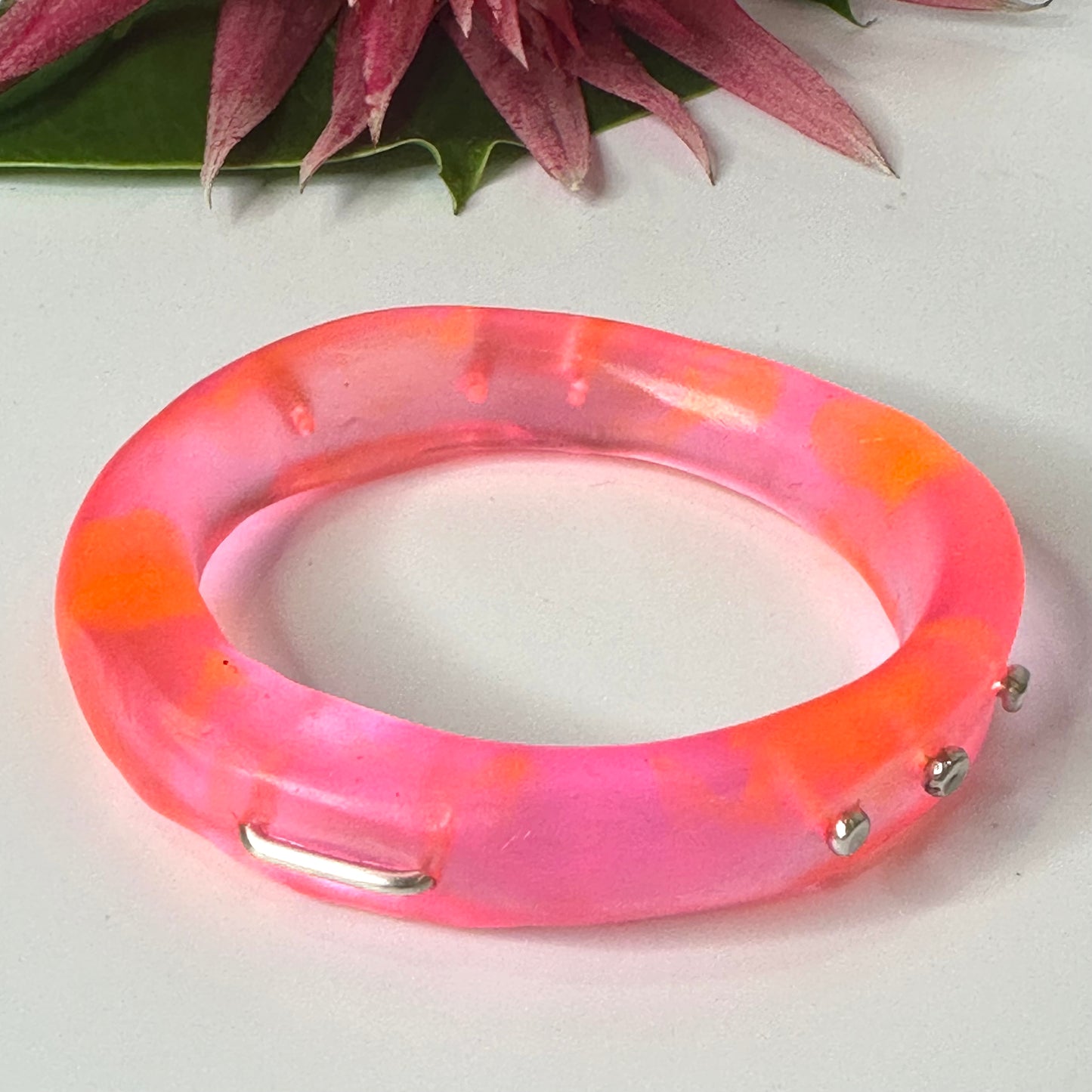 Neon Pink/Orange & silver woopy bangle