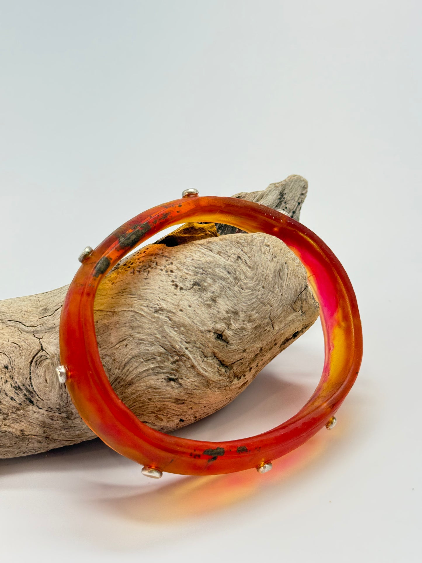 Orange/Red/Bronze coloured Rim resin bangle with Sterling silver XL