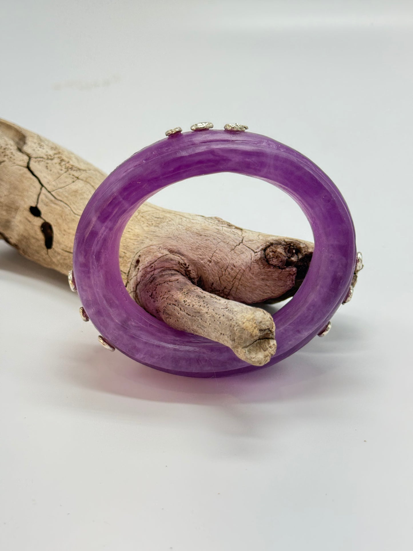 Purple Oval Thick Rim Resin & silver wide bangle - XS hand size