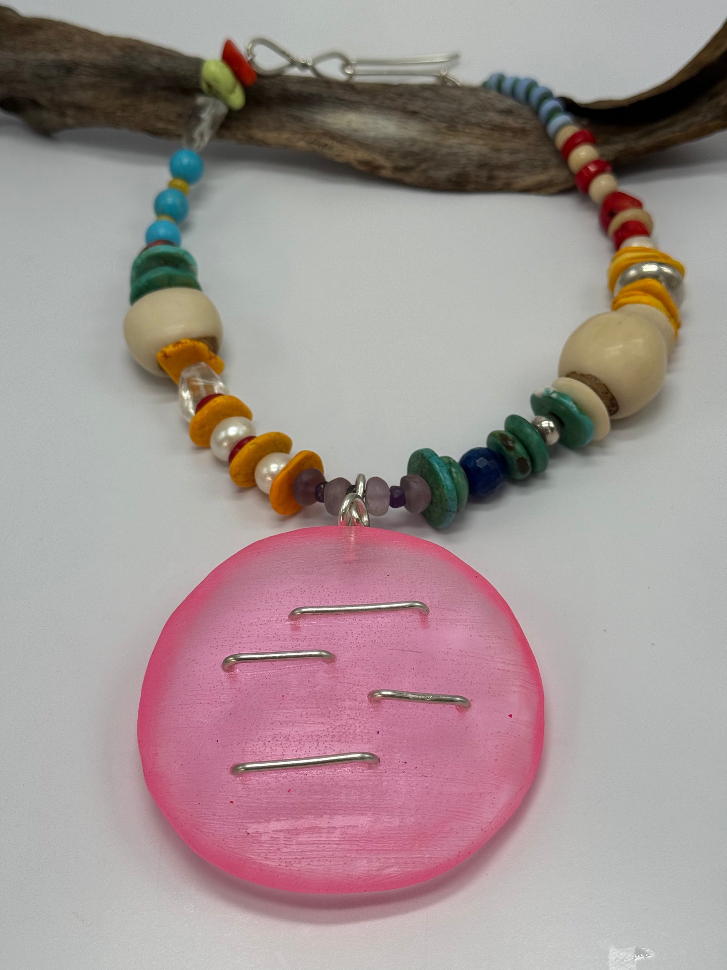 Translucent Neon Pink resin & sterling silver pendant