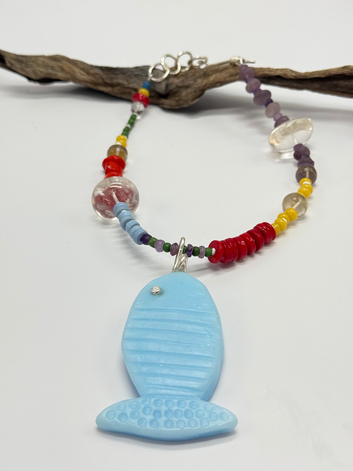 Sky Blue Fish resin & sterling silver pendant
