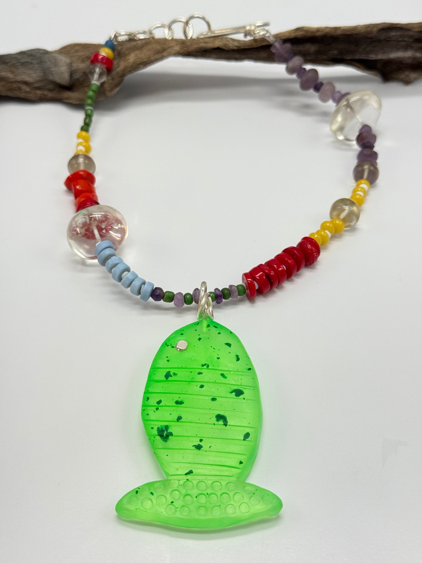 Translucent Neon Green Fish resin & sterling silver pendant