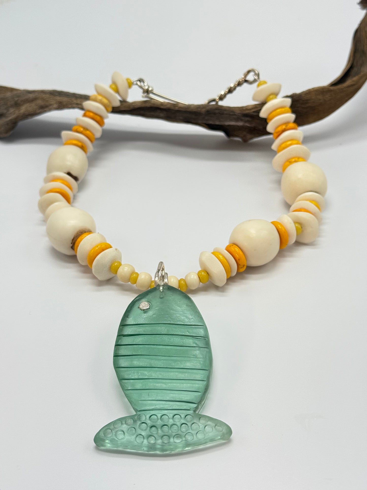 Translucent Green Fish resin & sterling silver pendant