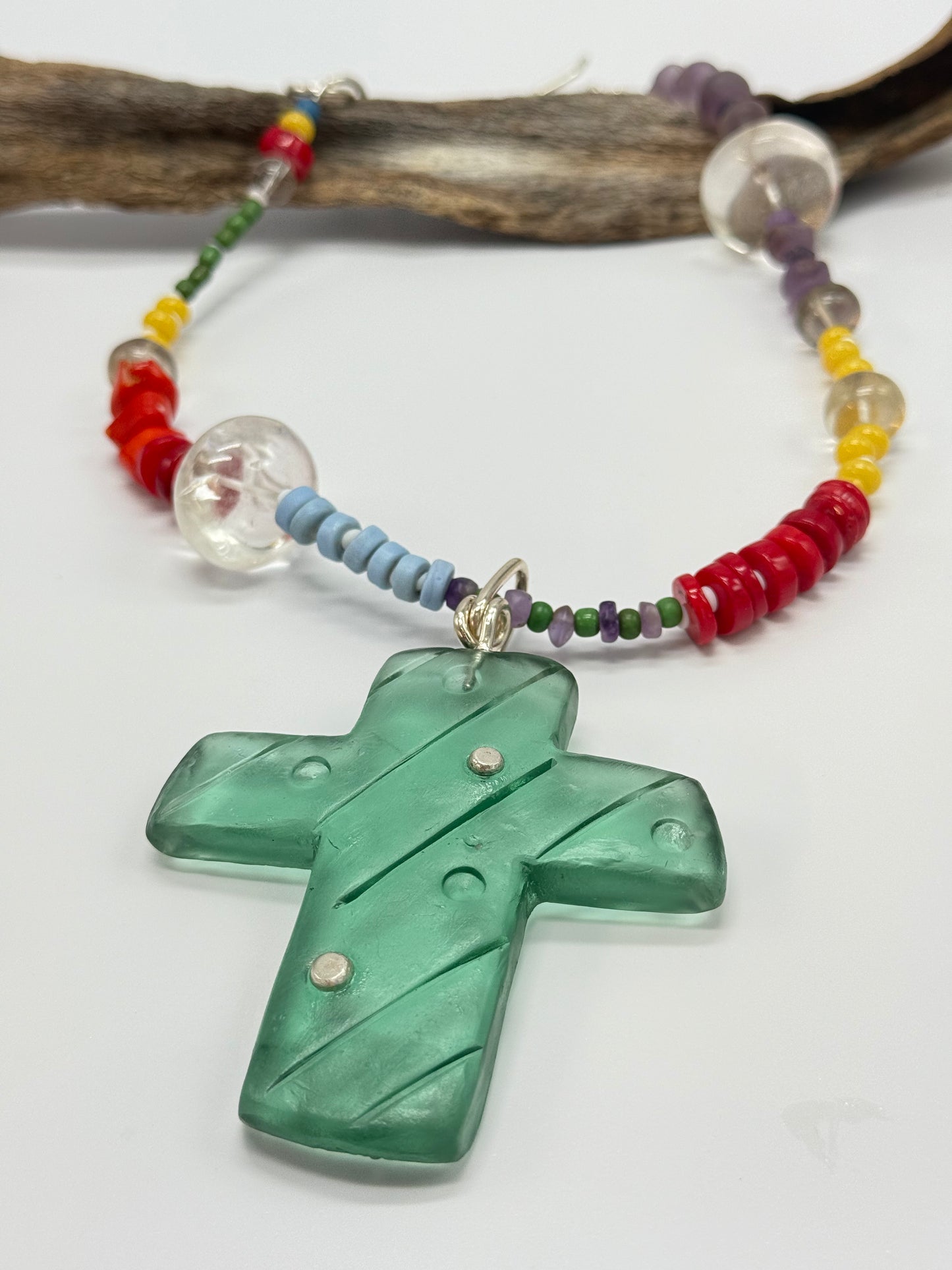 Translucent Kale Green resin Cross & sterling silver pendant