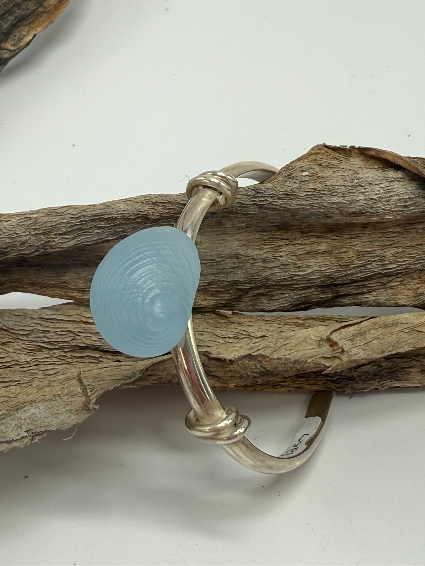 Sterling Silver Half round cuff with Sky Blue Resin Shell