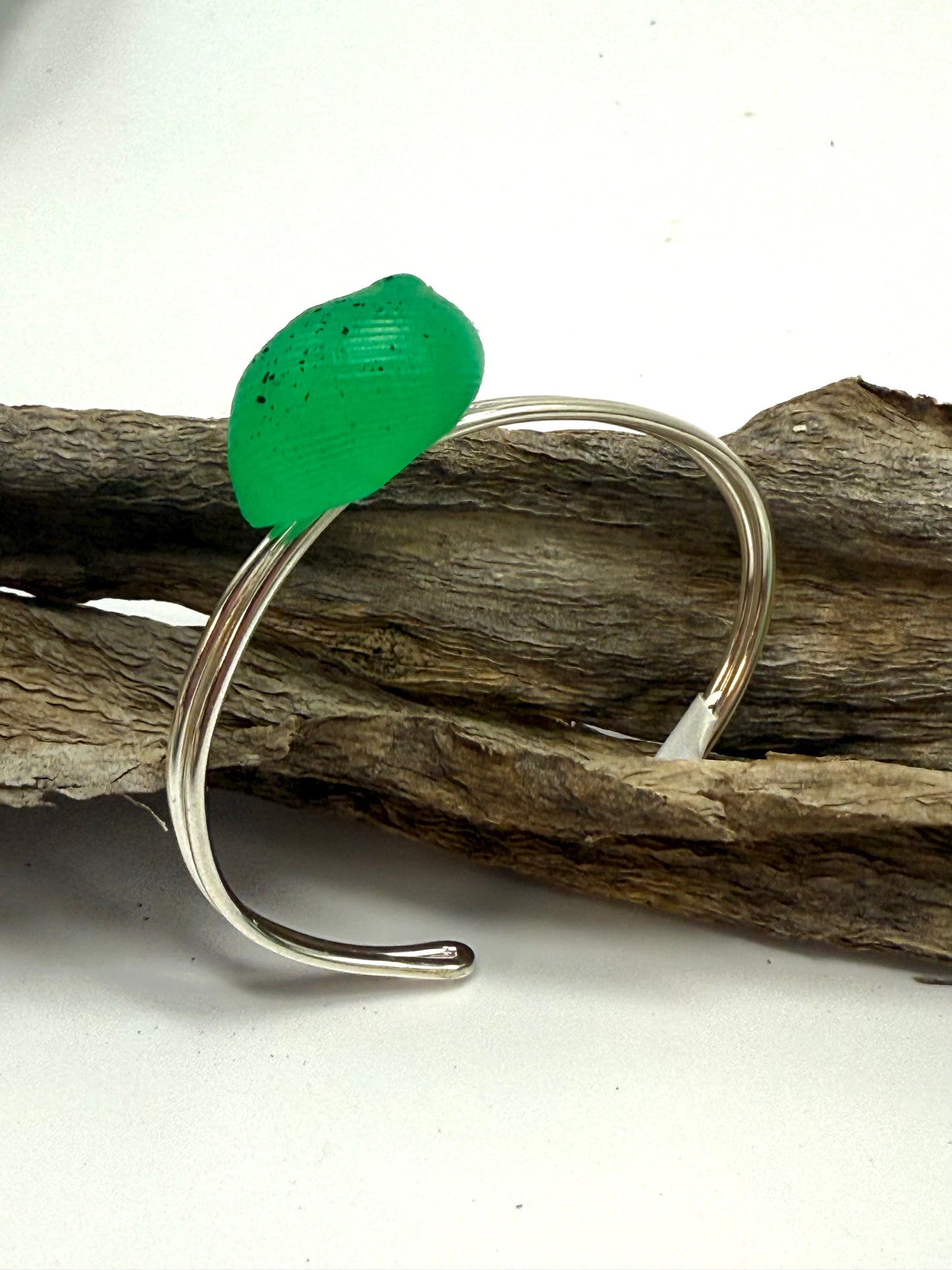 Fine Sterling Silver cuff with Jade Green Resin Shell