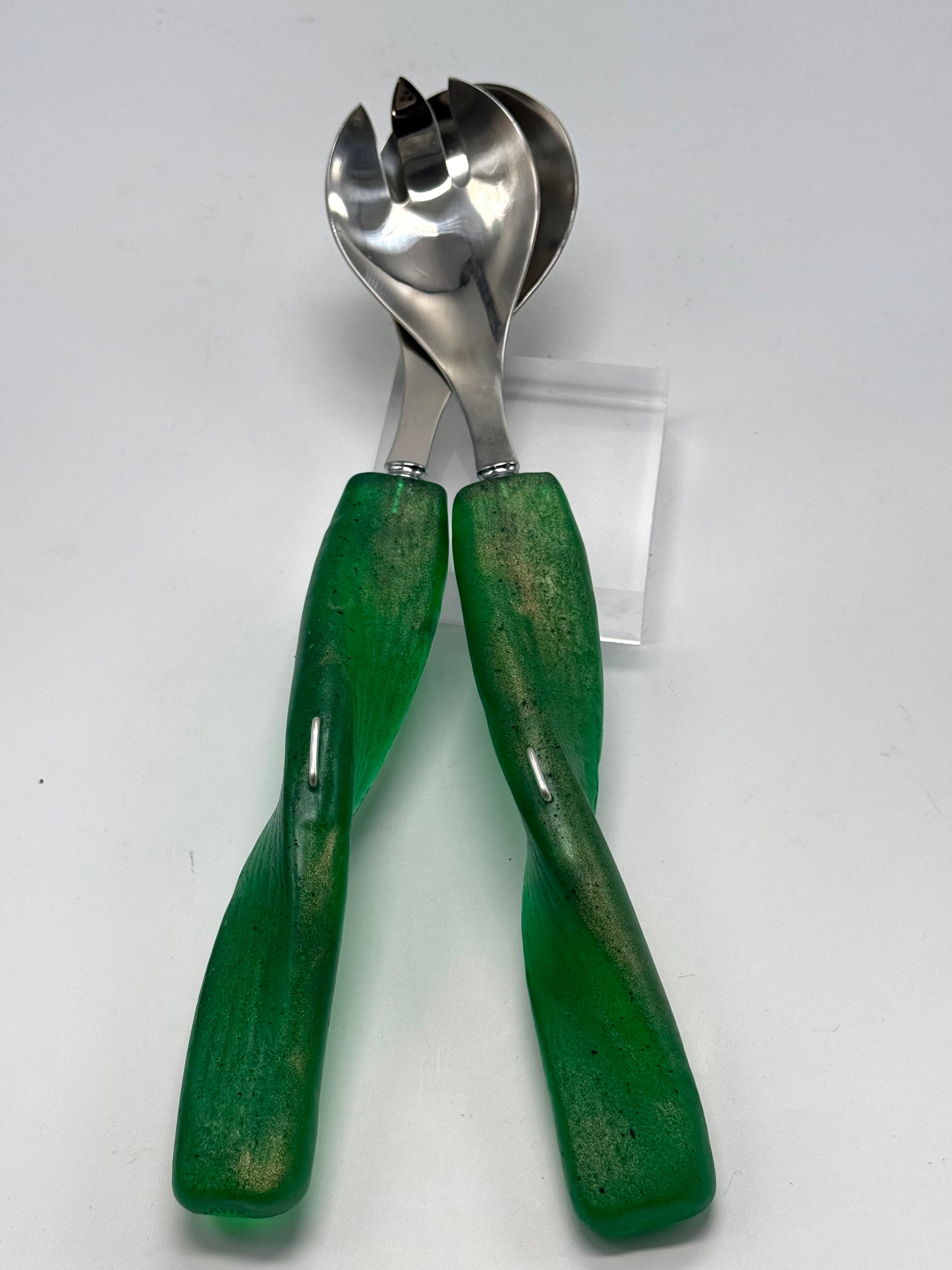 Salad Servers - Jade Green/gold resin & silver twist handle with Stainless steel spoon
