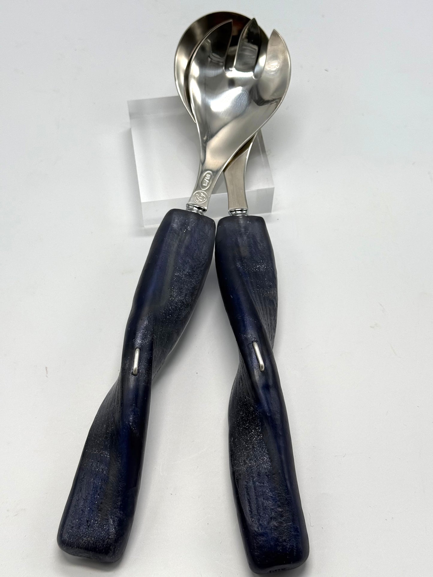 Salad Servers - Navy Blue/silver resin & silver twist handle with Stainless steel spoon