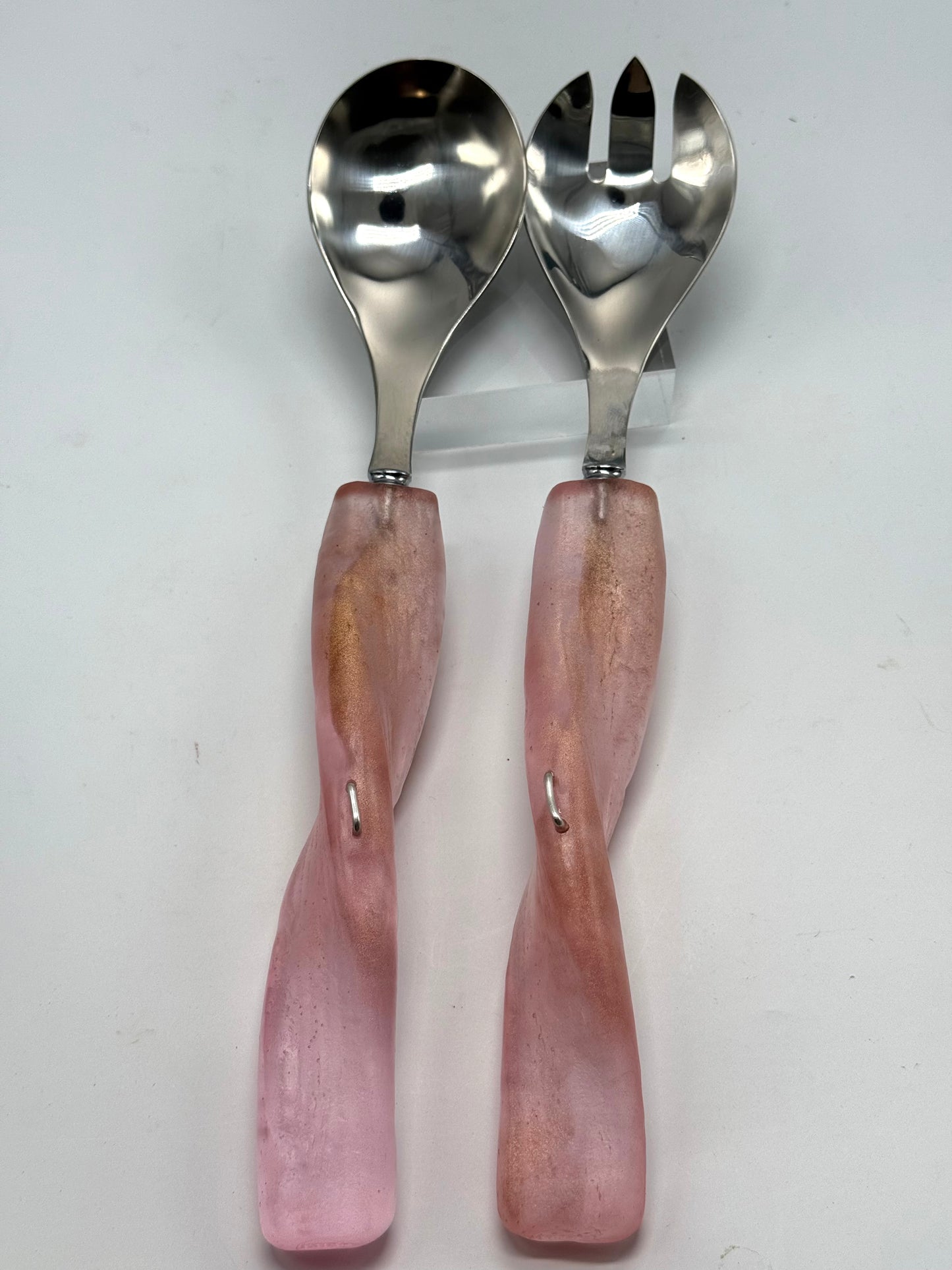 Salad Servers - Mushroom pink/gold resin & silver twist handle with Stainless steel spoon