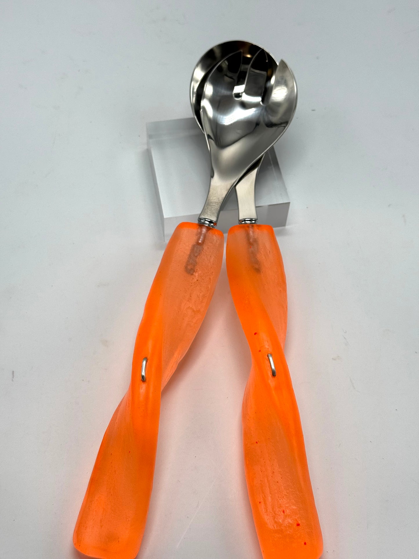 Salad Servers - Neon Orange resin & silver twist handle with Stainless steel spoon