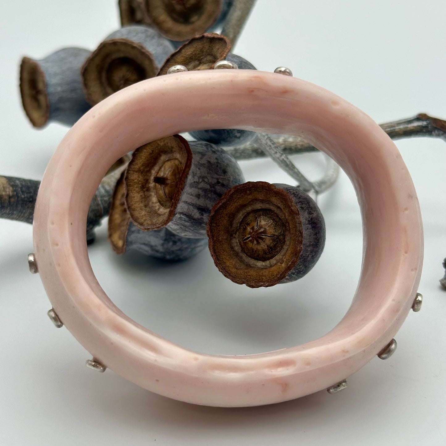 Peachy Pink Resin & silver wide bangle - regular hand size