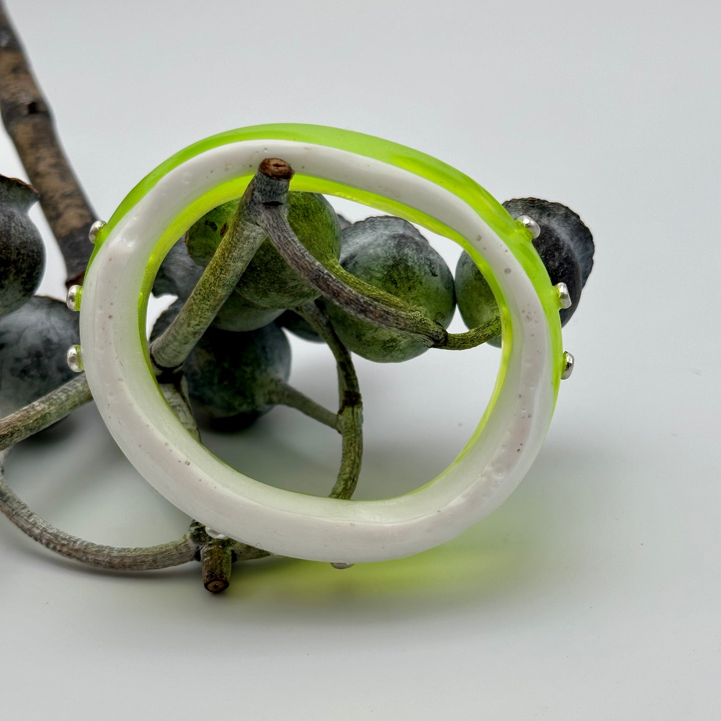 Two toned Neon Yellow/White Resin & silver wide bangle - regular hand size