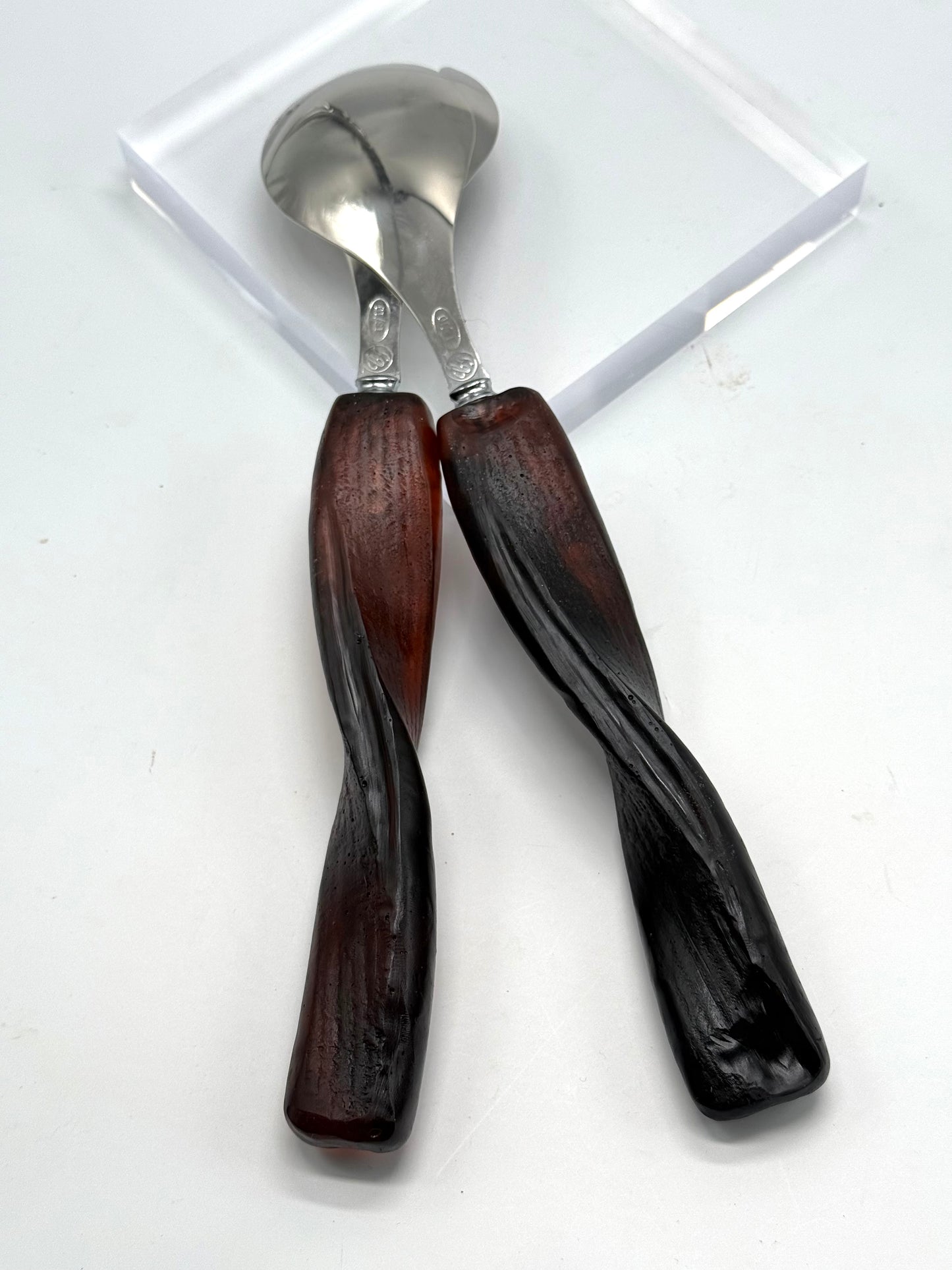 Salad Servers - Tortoise Shell resin & silver twist handle with Stainless steel spoon
