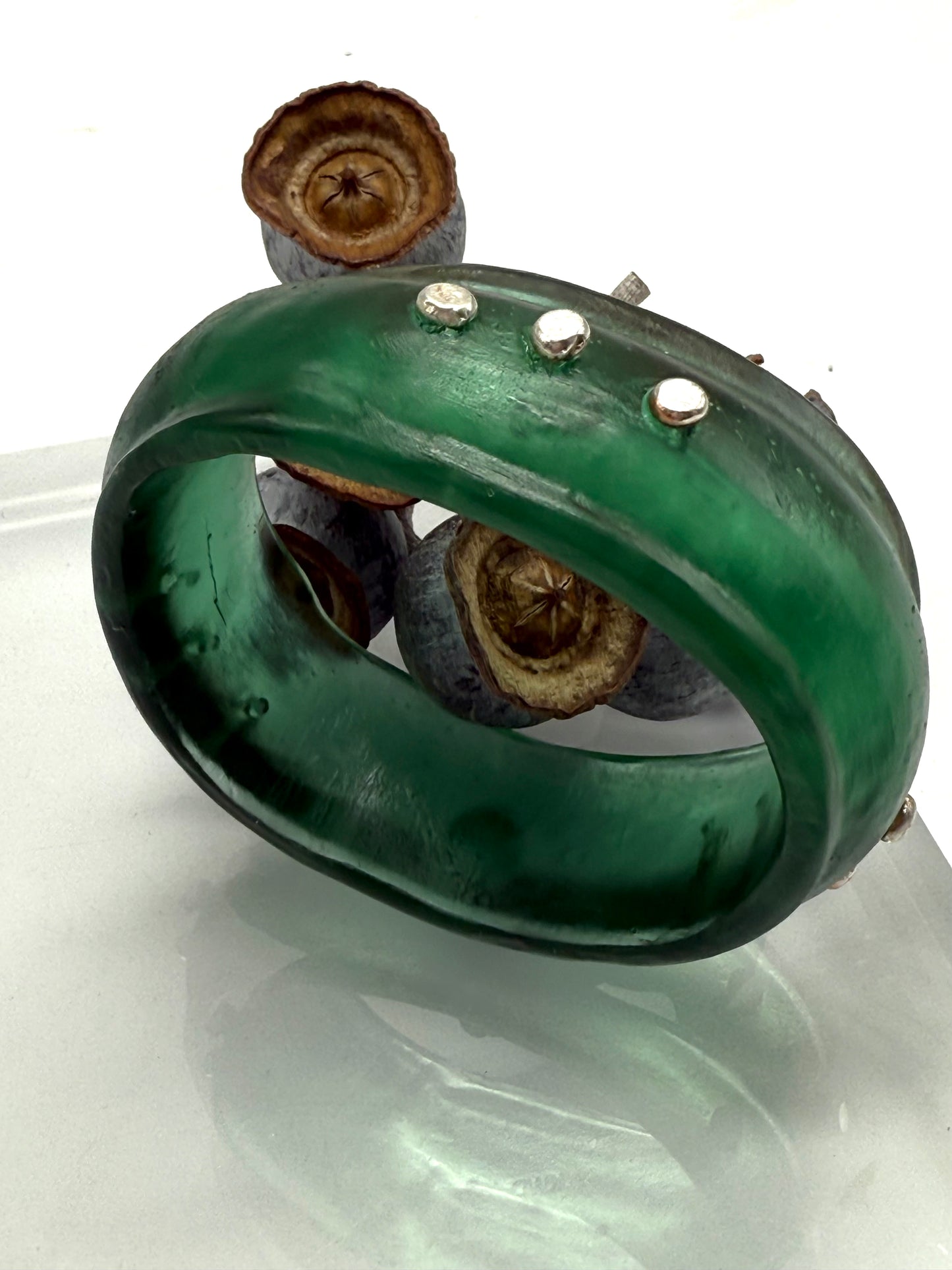 Translucent Kale Green Resin & silver wide bangle - regular hand size