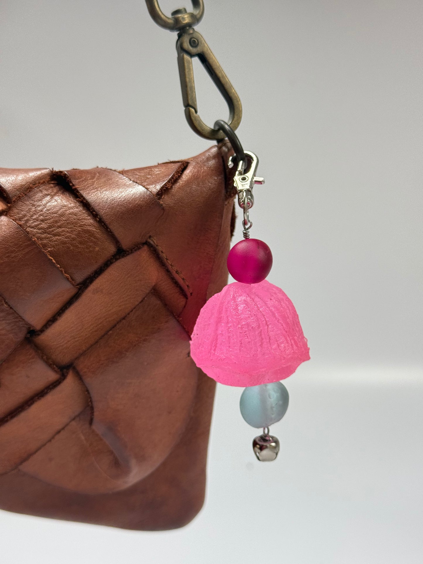 Key Chain - Large Neon Pink Organic shaped resin bead & multi coloured beads with silver finishes