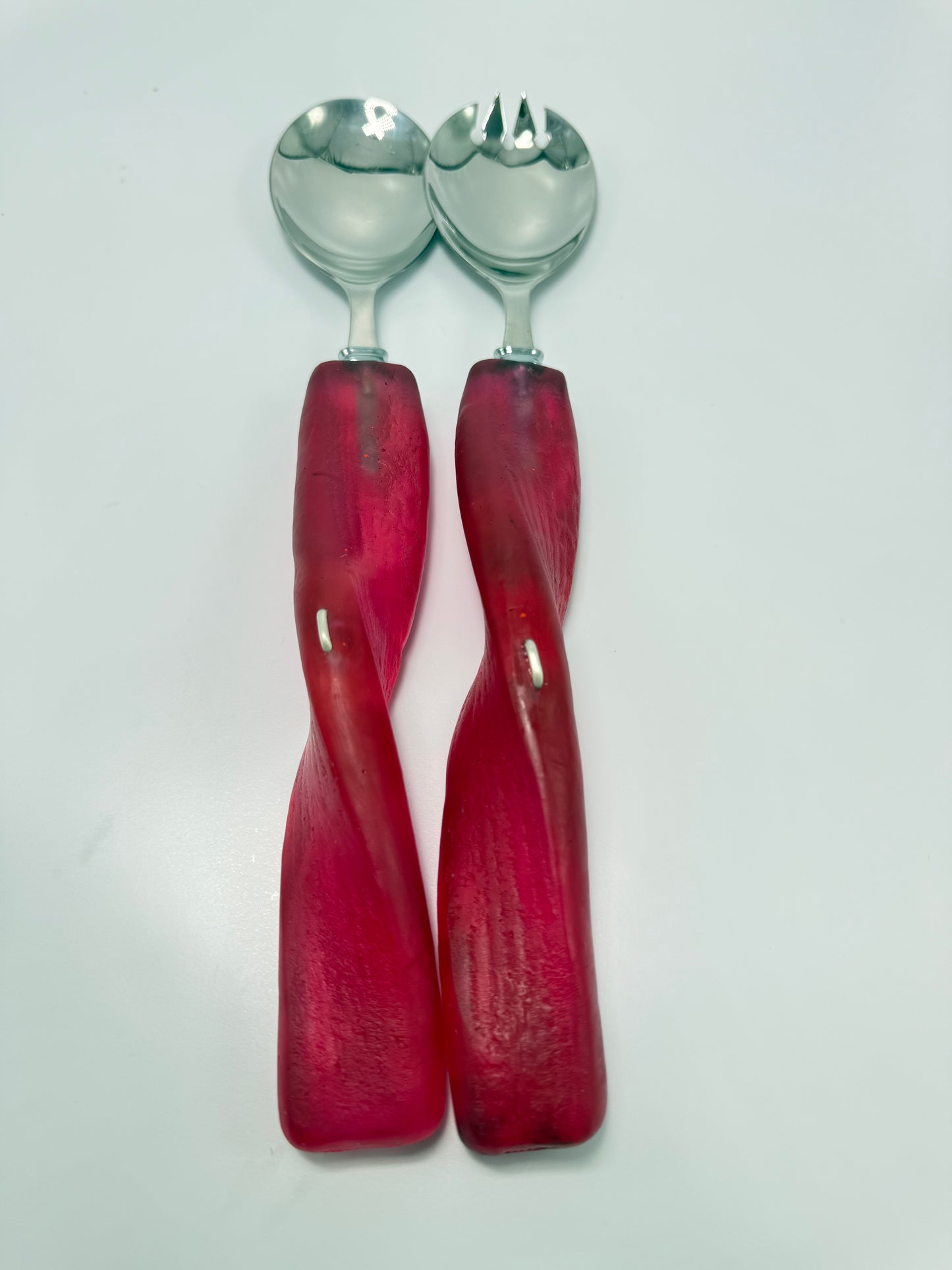 Salad Servers - Strawberry red resin & silver twist handle with Stainless steel spoon