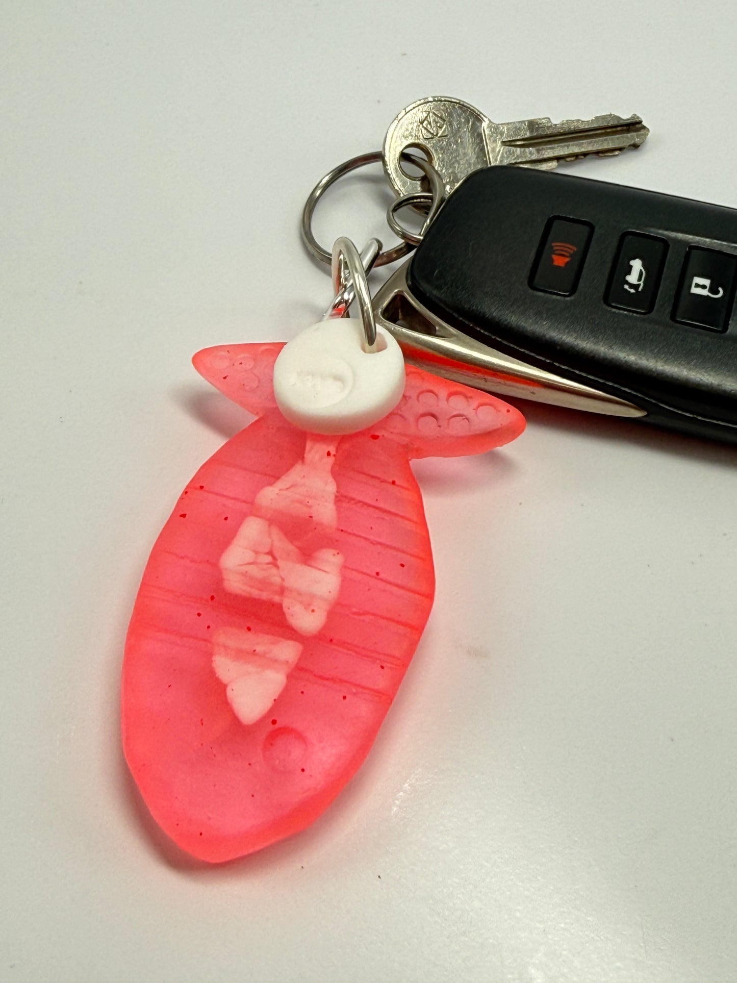 Key Chain - Neon Red/white Fish /KWD stamp resin beads with silver finishes