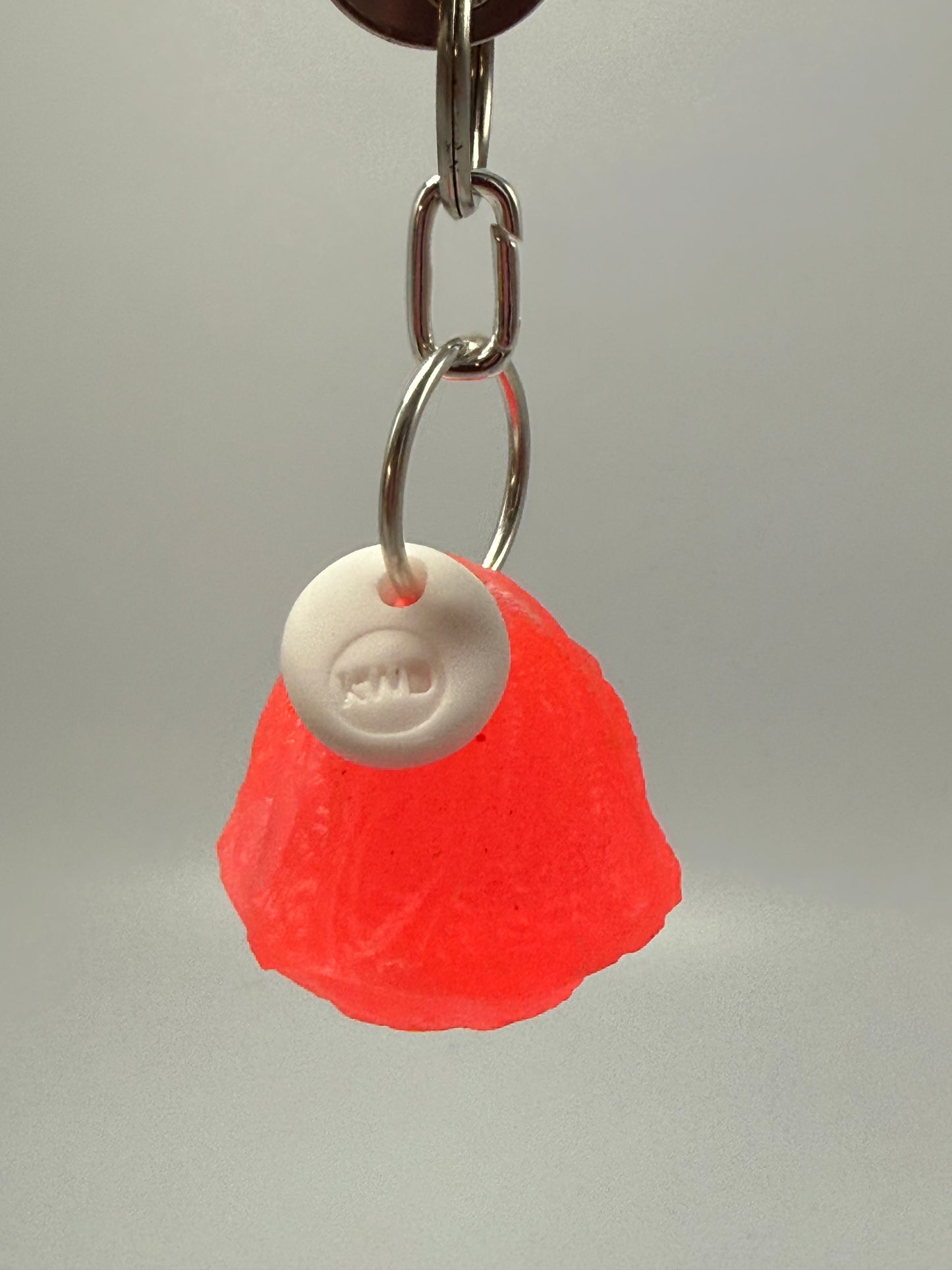 Key Chain - Neon Red Organic Nut /KWD stamp resin beads with silver finishes