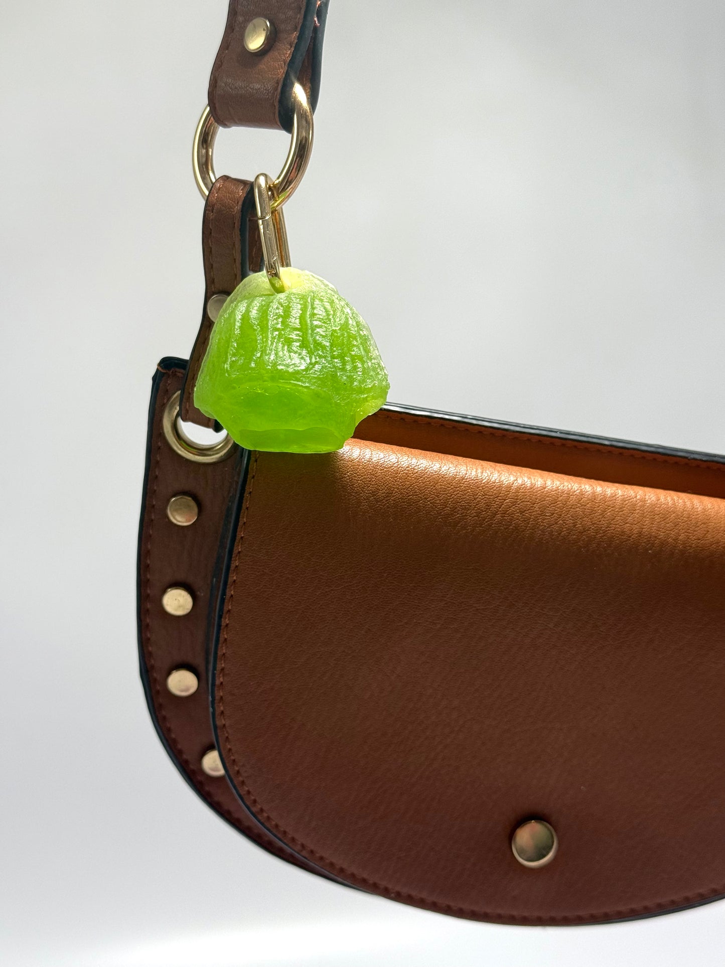 Key Chain - Lime Green Organic Nut /KWD stamp resin beads with gold finishes