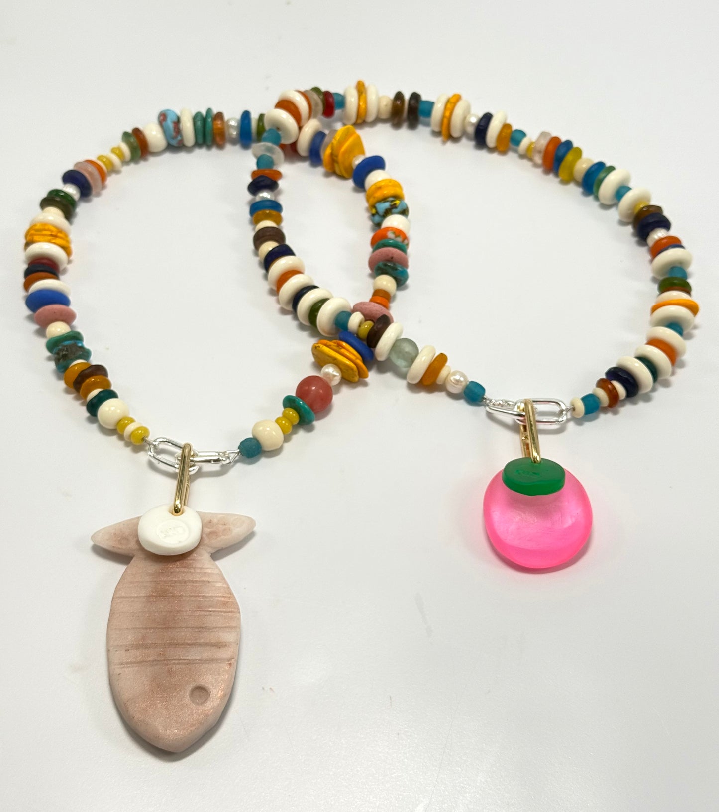 Neon Pink & Jade Green KWD button resin & gold catch pendant