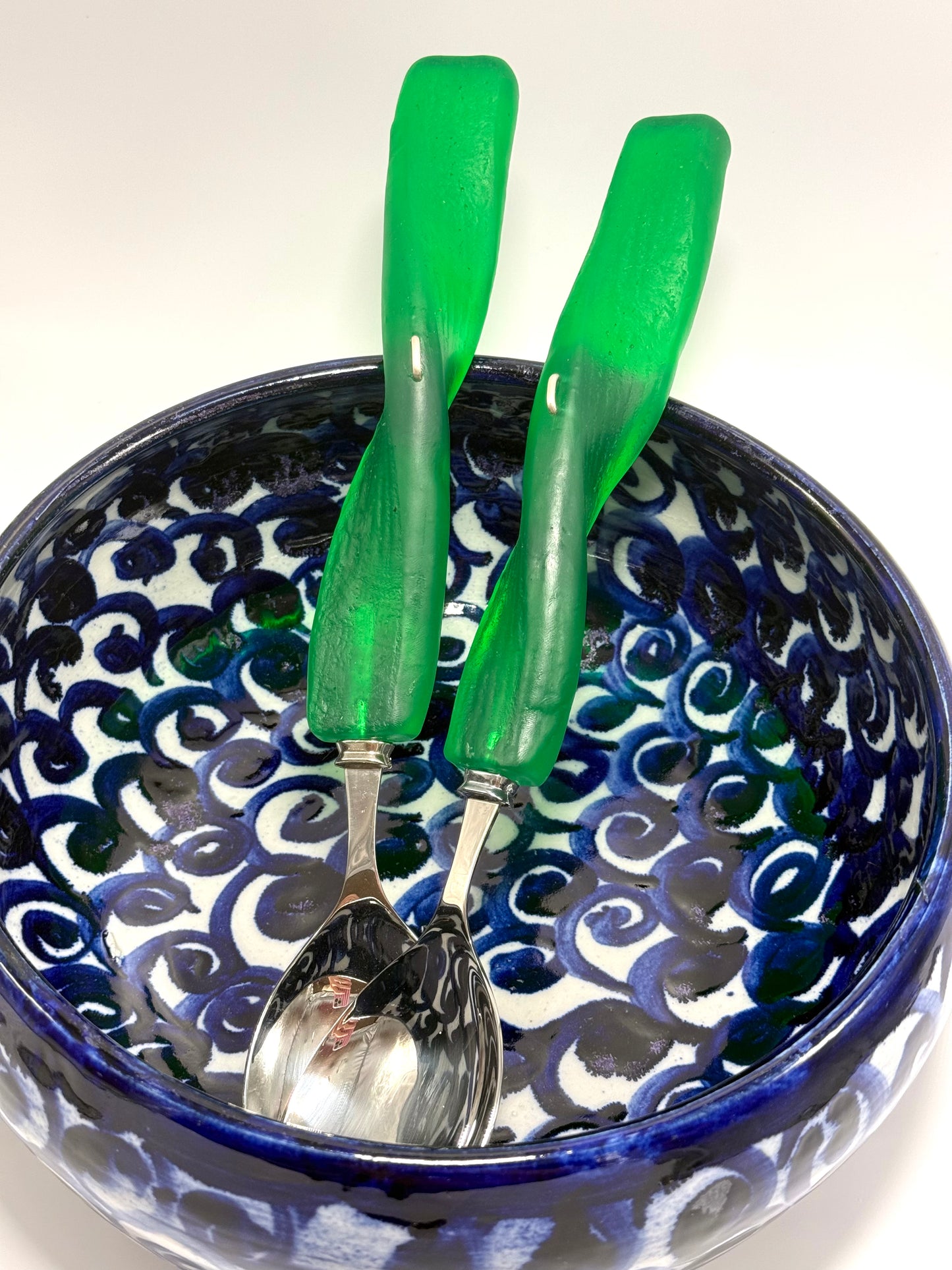 Salad Servers - Translucent Jade Green resin & silver twist handle with Stainless steel spoon