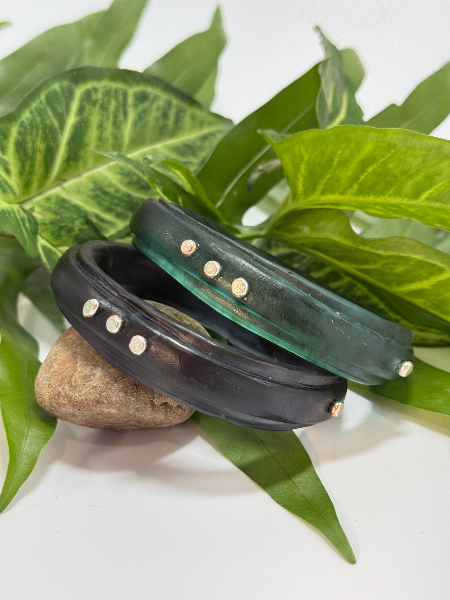 Translucent Green/black coloured resin rim bangle with sterling silver rivets