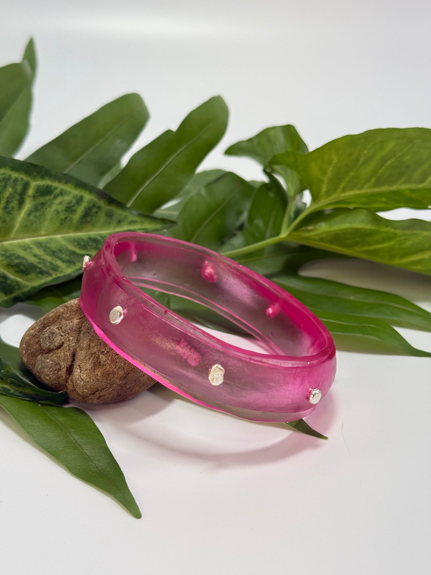 Translucent Strawberry Red Rim resin bangle with Sterling silver XL