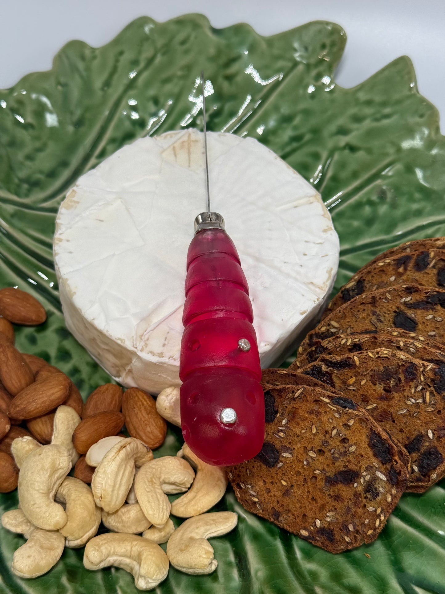Cheese knife - Translucent Strawberry Red resin - stripe & spot handle with silver
