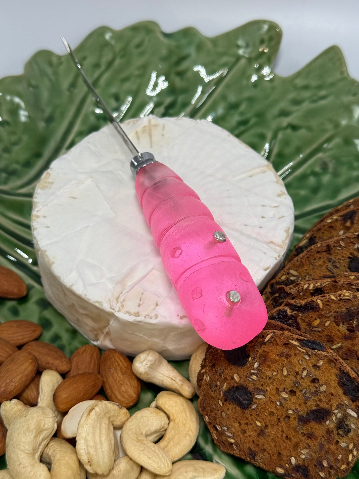 Cheese knife - Translucent Neon Pink resin - stripe & spot handle with silver