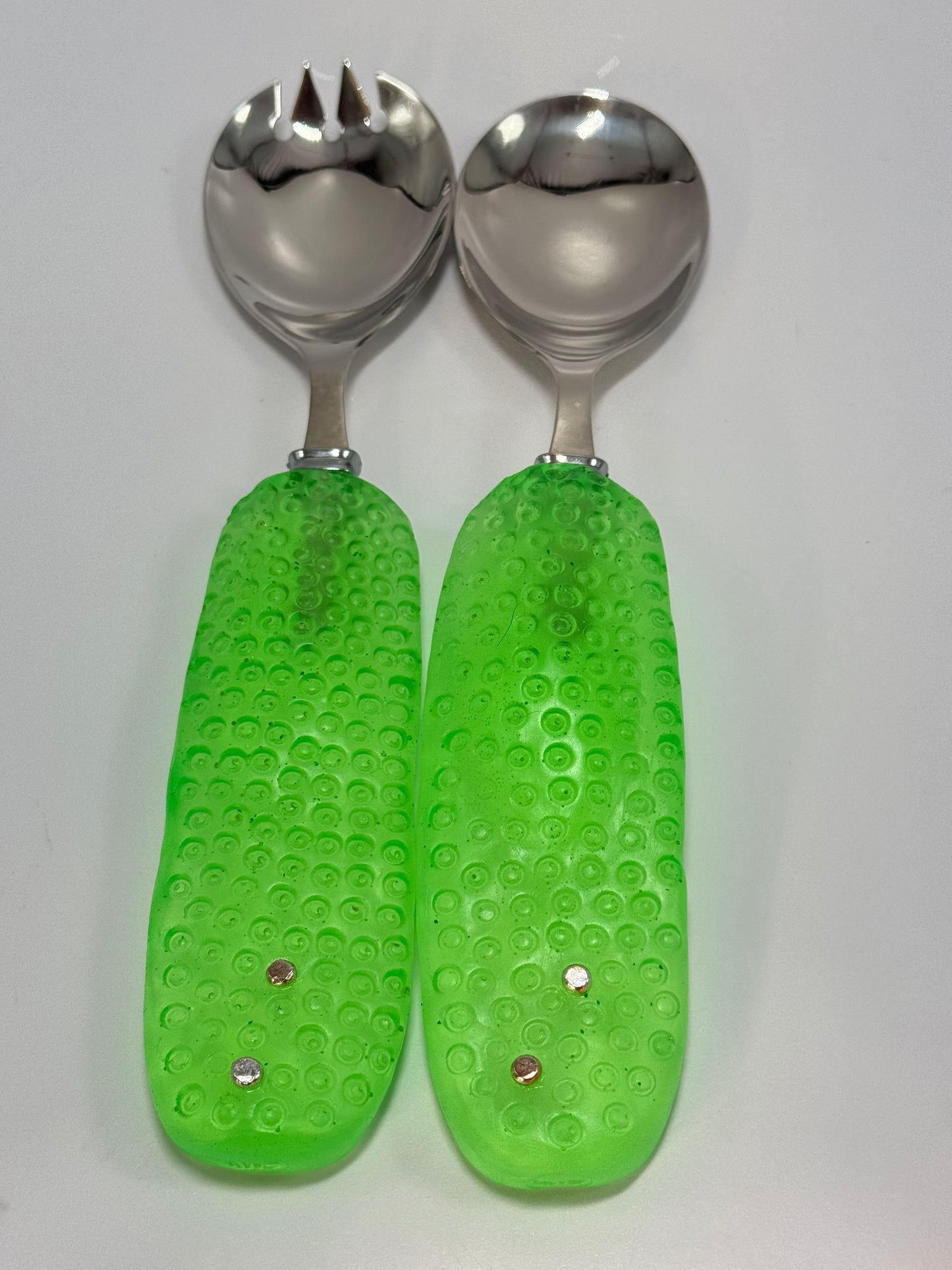Salad Servers - Neon Green resin & silver with Spotty handle with Stainless steel spoon