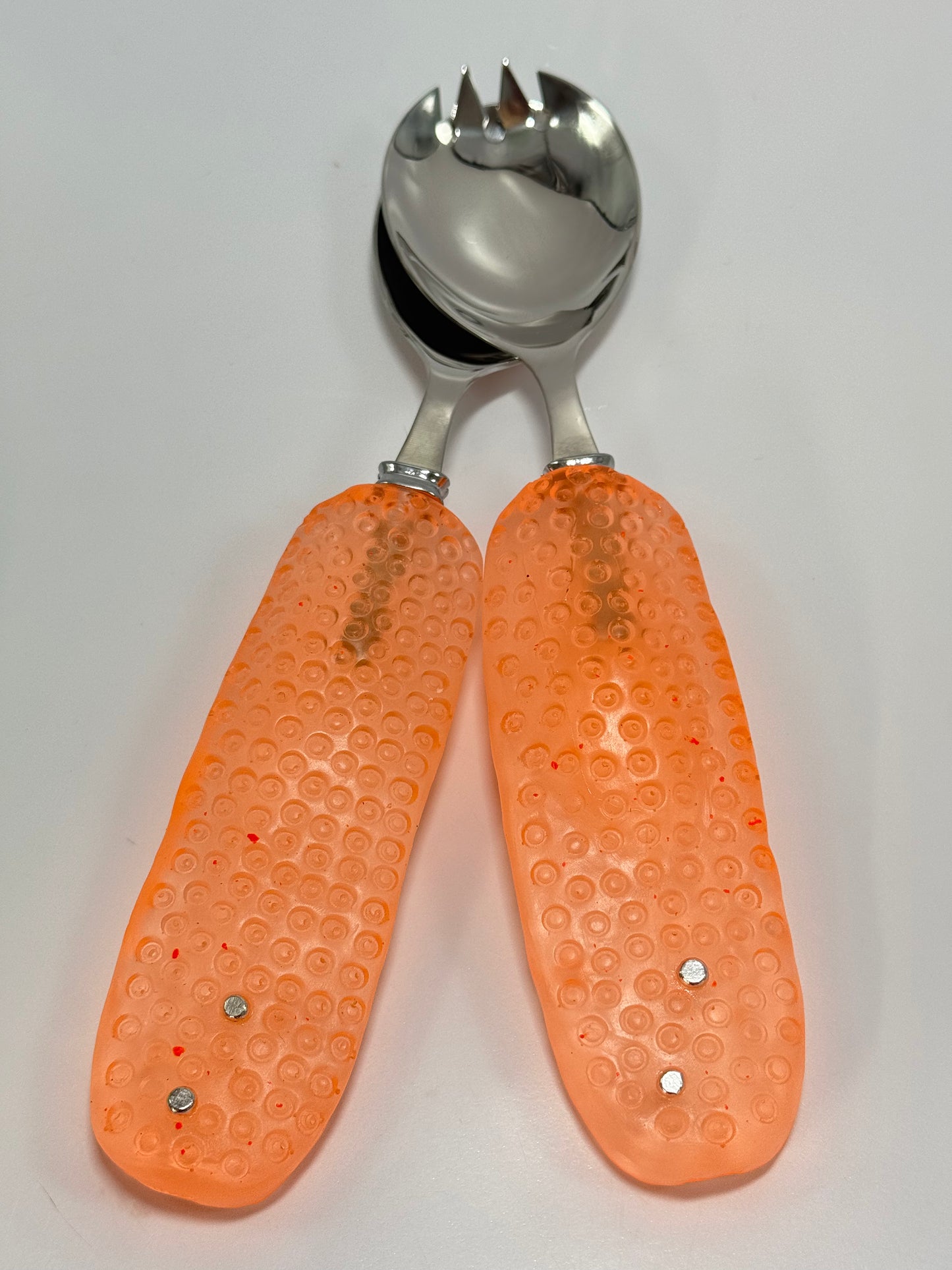 Salad Servers - Neon Orange resin & silver with Spotty handle with Stainless steel spoon