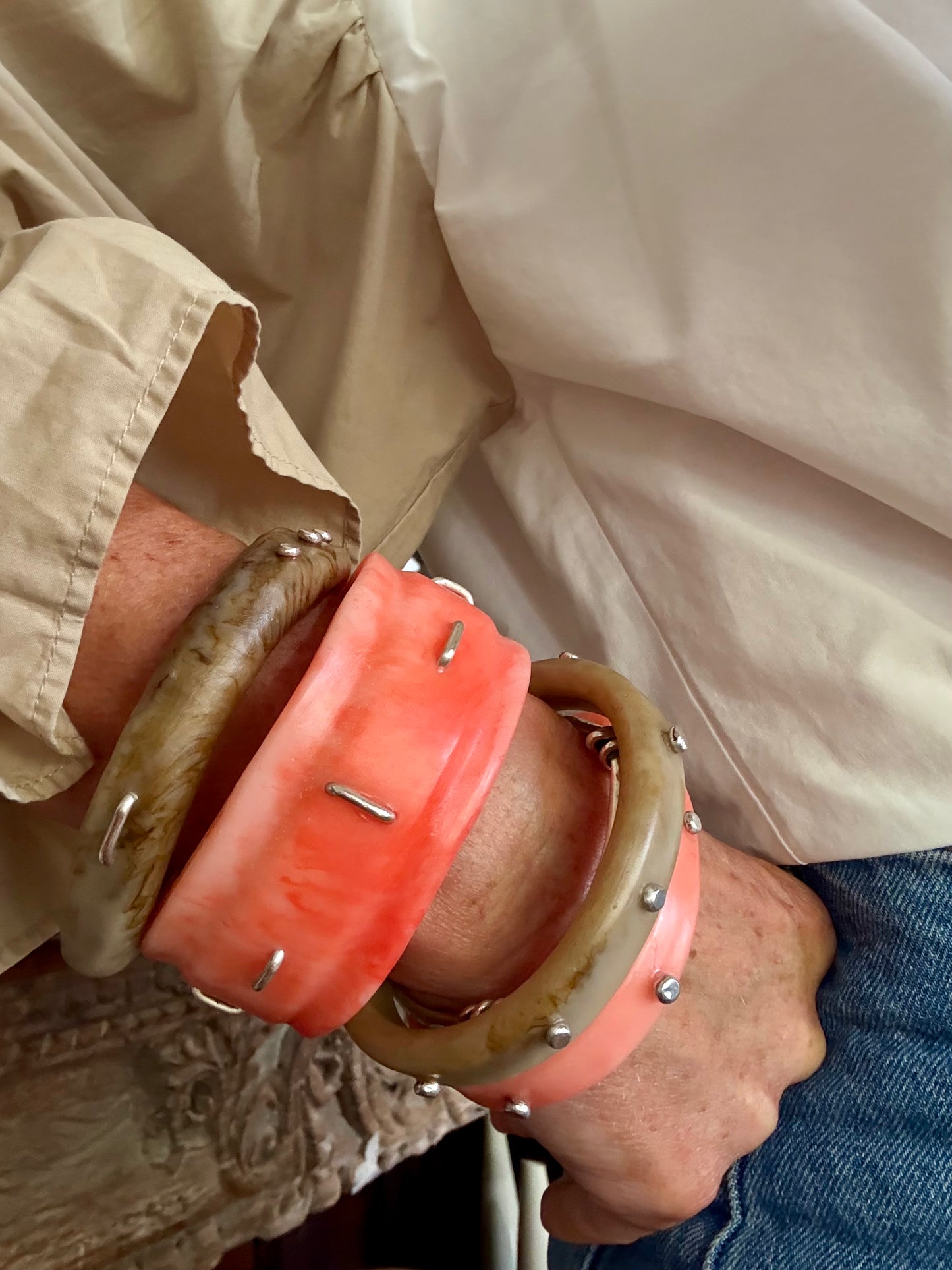 Orange/apricot Oval Thick Rim Resin & silver wide bangle - regular hand size