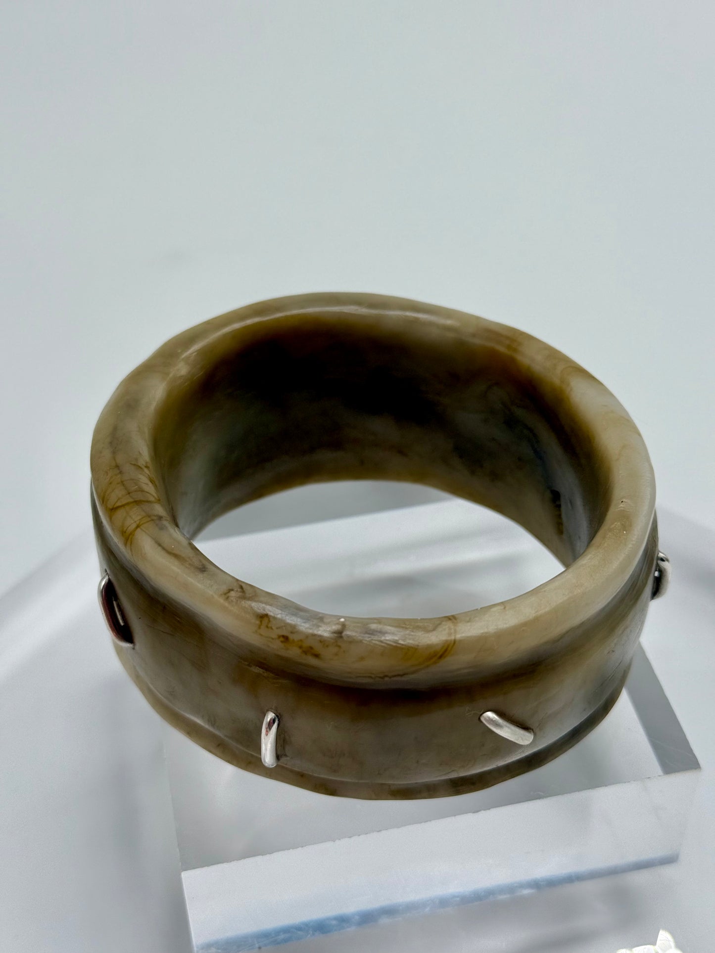 Coffee Oval Thick Rim Resin & silver wide bangle - regular hand size