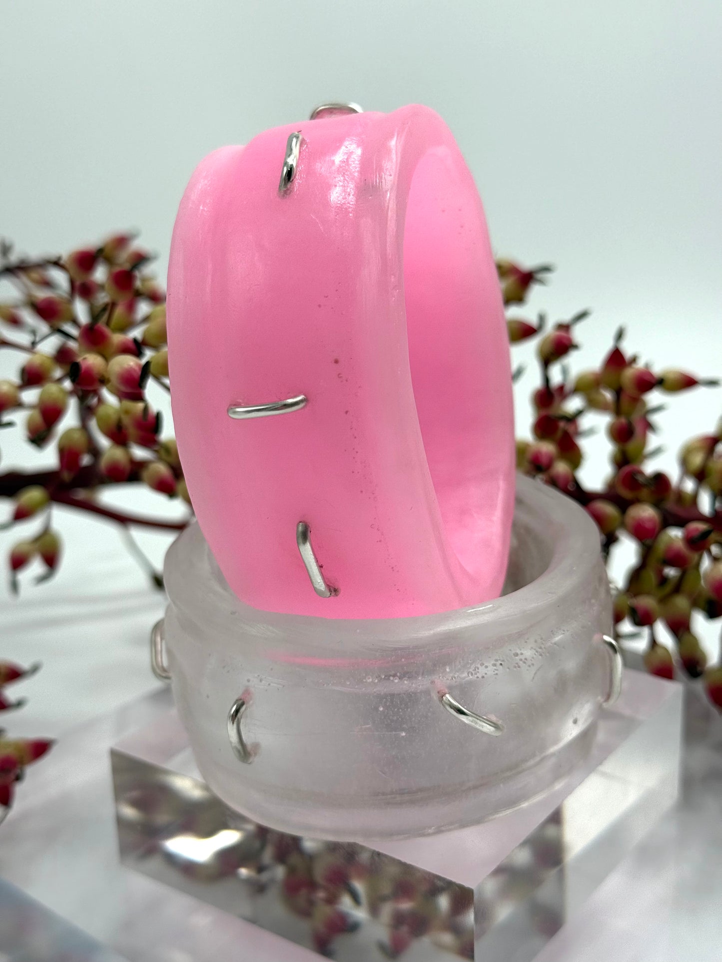Clear Oval Thick Rim Resin & silver wide bangle - regular hand size