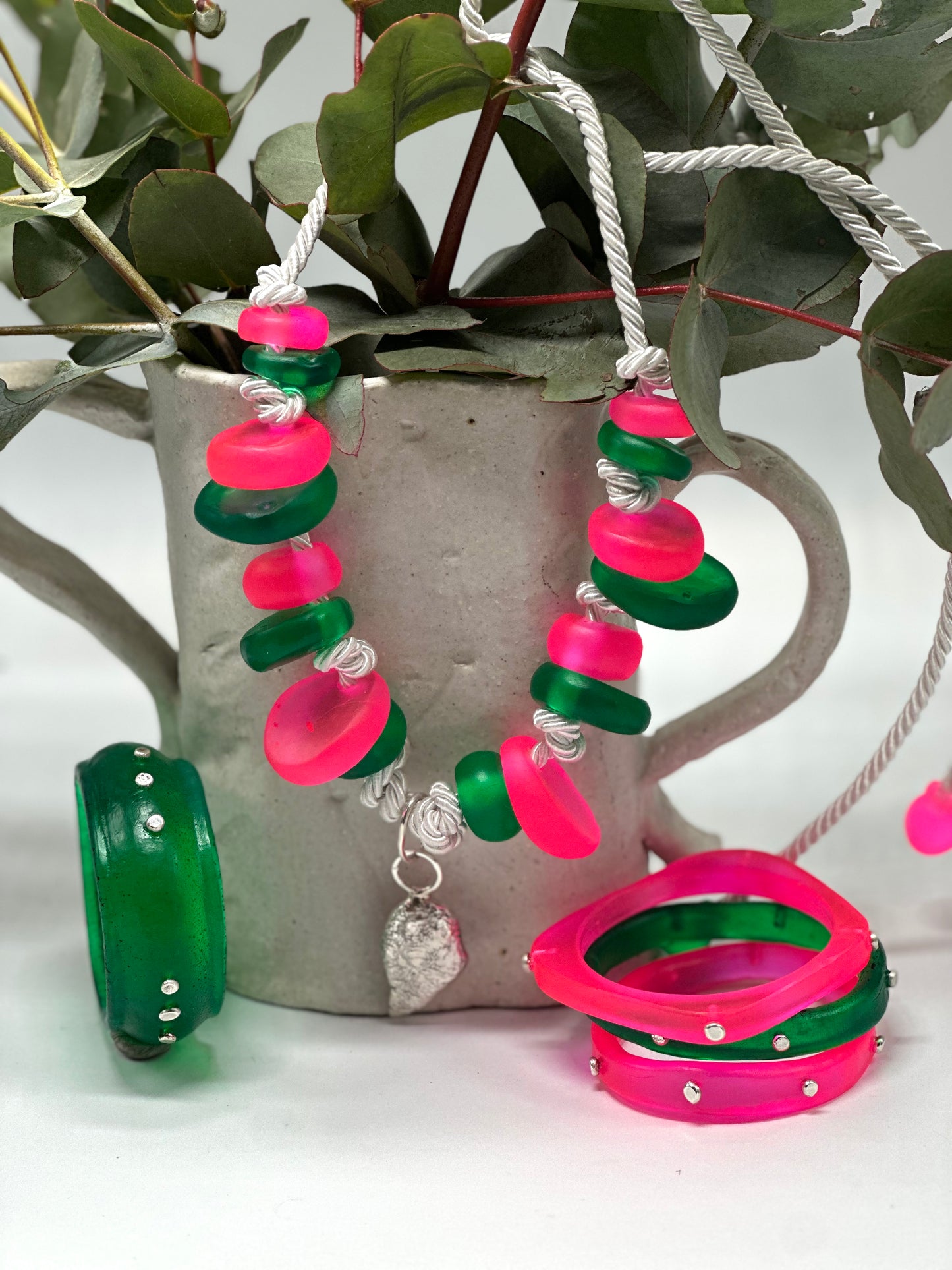 Green & Hot pink resin beads with sterling silver pendant