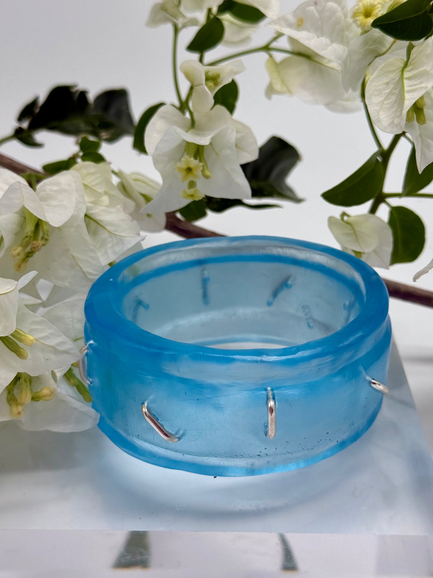 Translucent blue Oval Thick Rim Resin & silver wide bangle - regular hand size