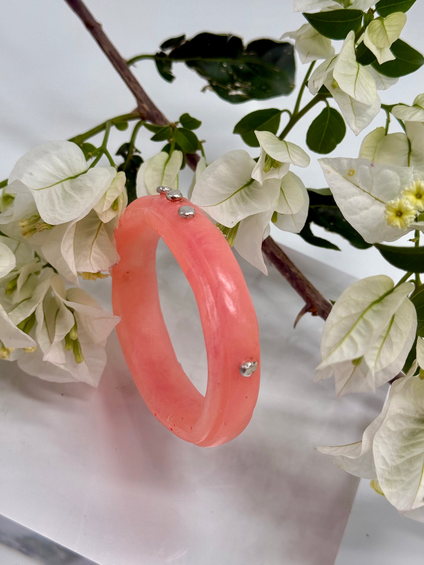 Apricot coloured Rim resin bangle with Sterling silver