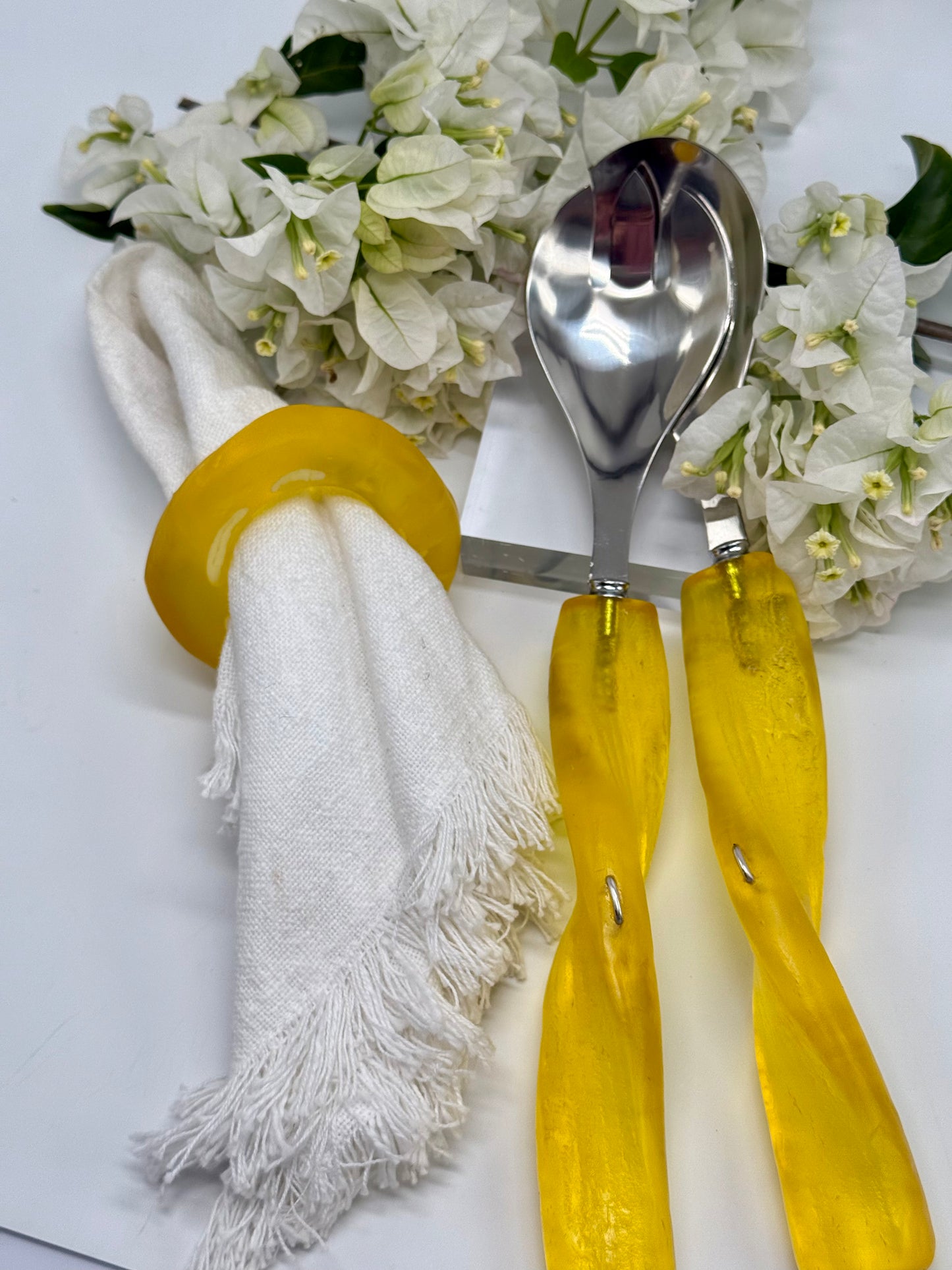 Salad Servers - Translucent Yellow resin & silver twist handle with Stainless steel spoon