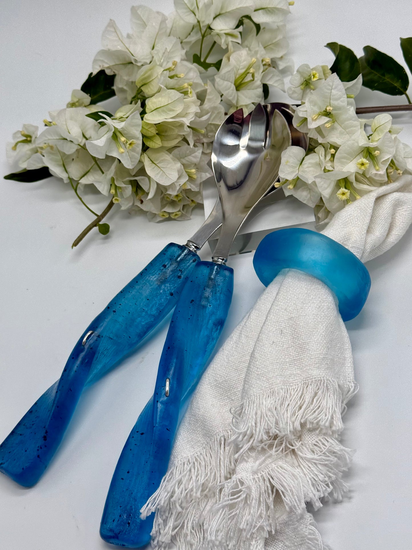 Salad Servers - Translucent Blue/navy fleck resin & silver twist handle with Stainless steel spoon