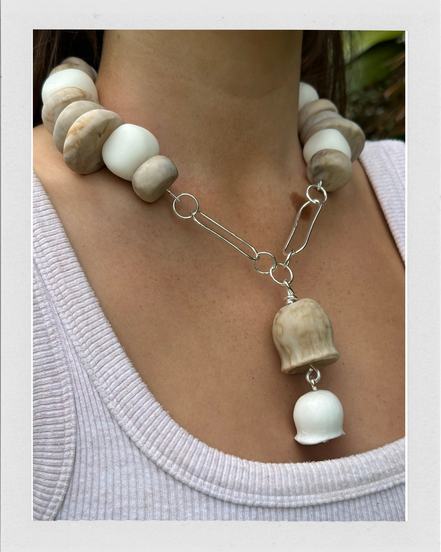 Cream/coffee coloured & white resin bead with silver necklace