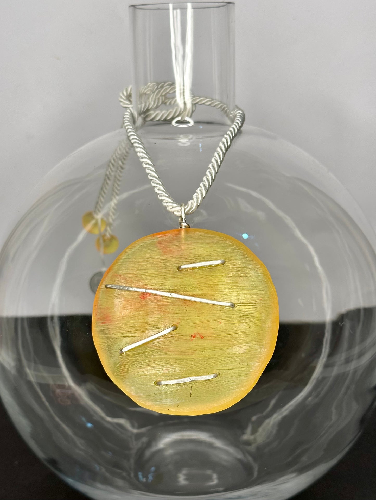 Neon Yellow/pink Round Pendant & silver necklace