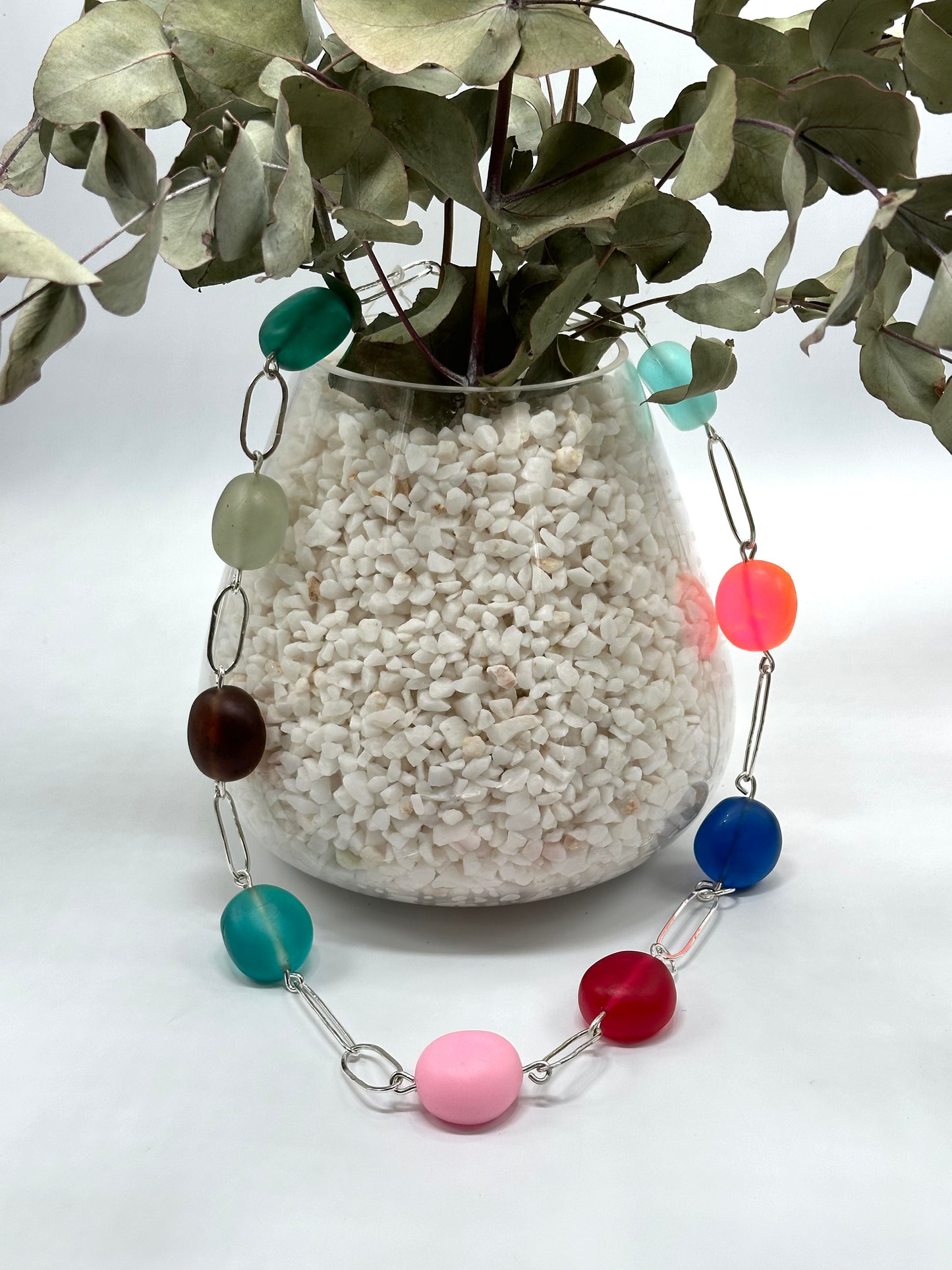 Long sterling silver links with multi coloured resin bead necklace
