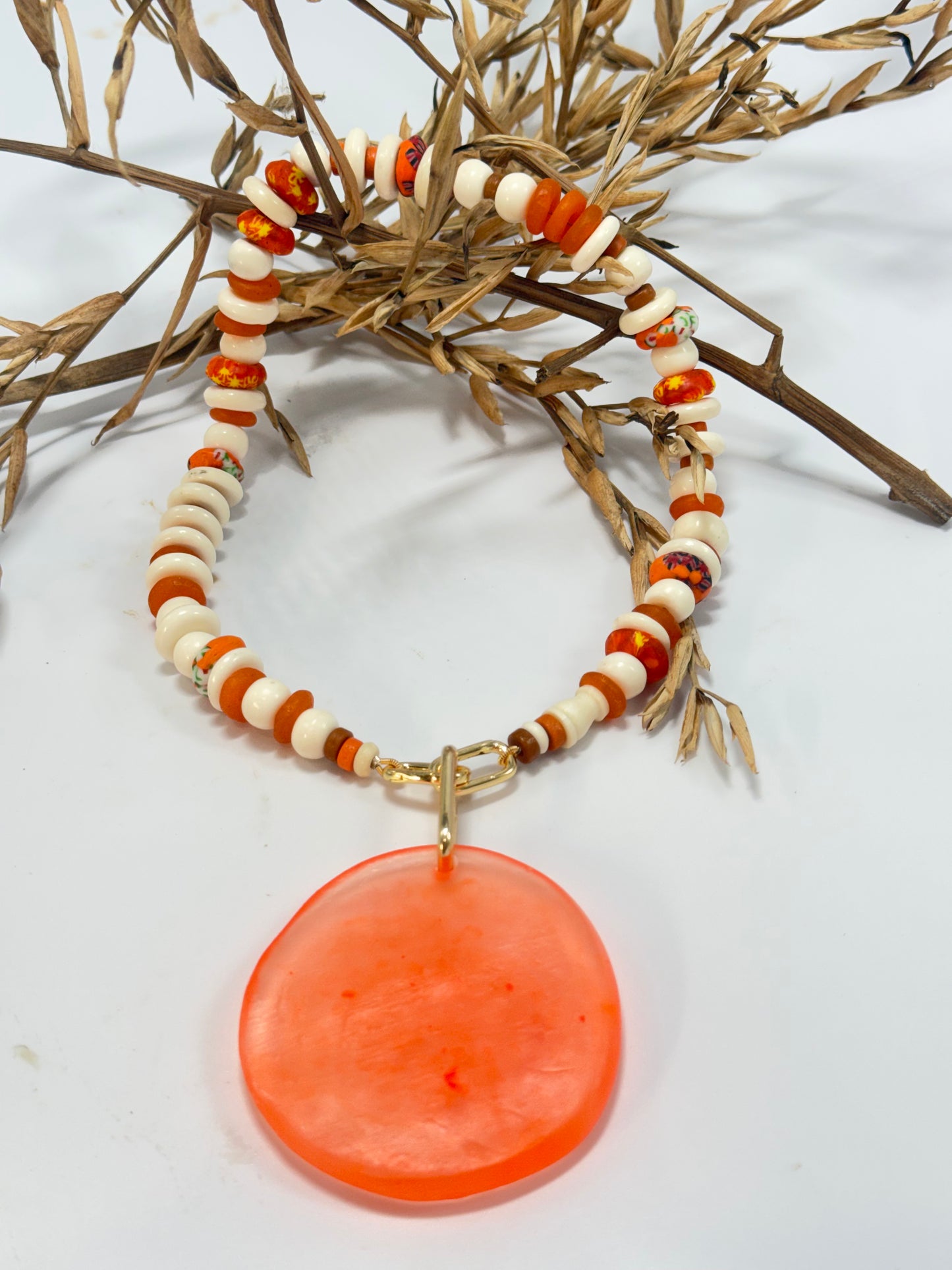Orange & Cream semi precious beads with gold catches with removable pendant