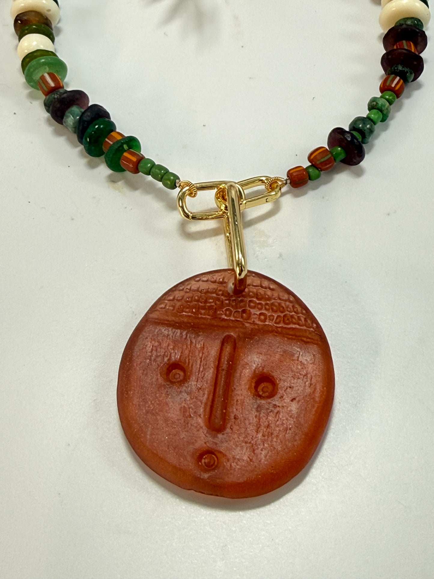 Greens and Browns semi precious beads with gold catches with removable pendant