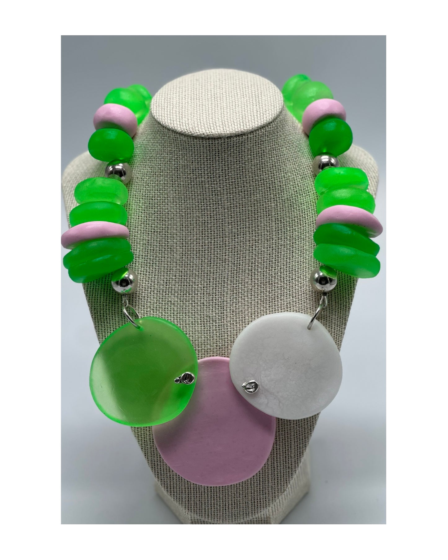 Pink White & Pale PinkResin beads with sterling silver Necklace