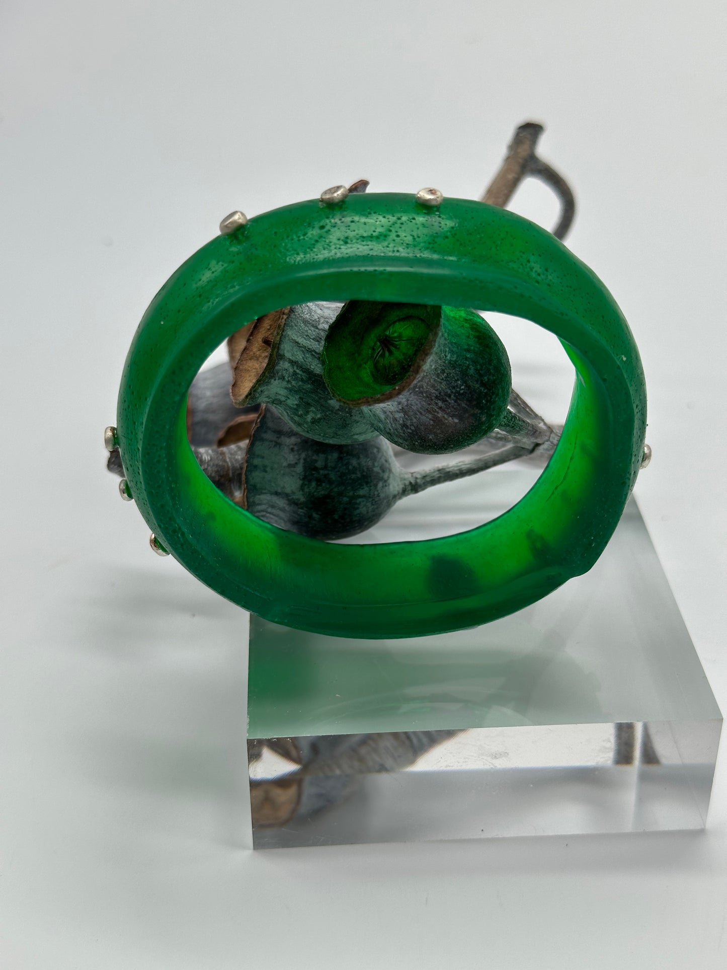 Jade Green Resin & silver wide bangle - regular hand size