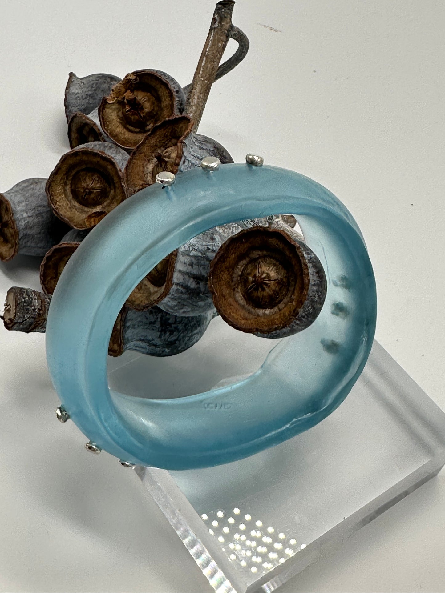 Pale Blue Resin & silver wide bangle - regular hand size