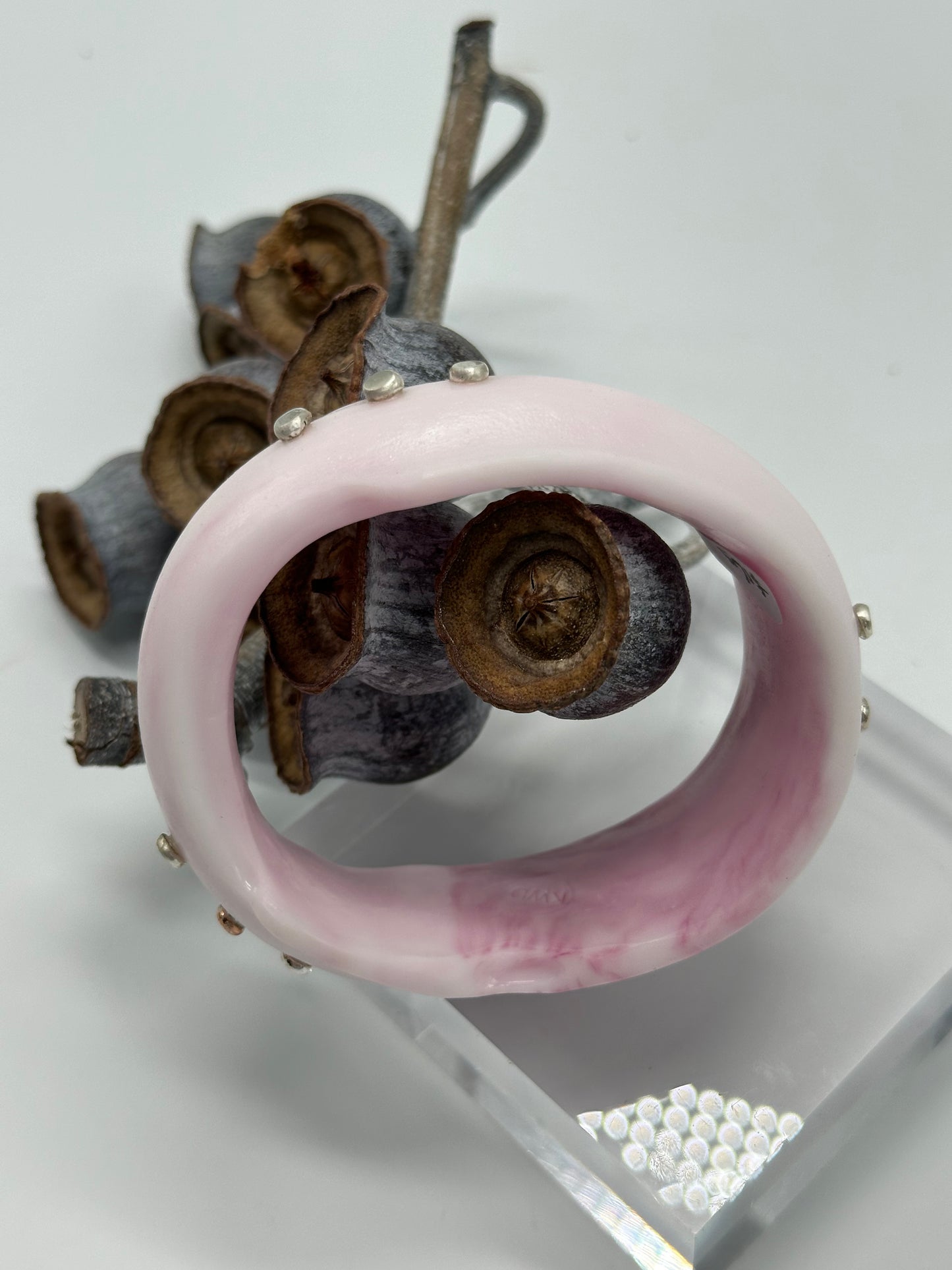 Marble Pink/white Resin & silver wide bangle - regular hand size